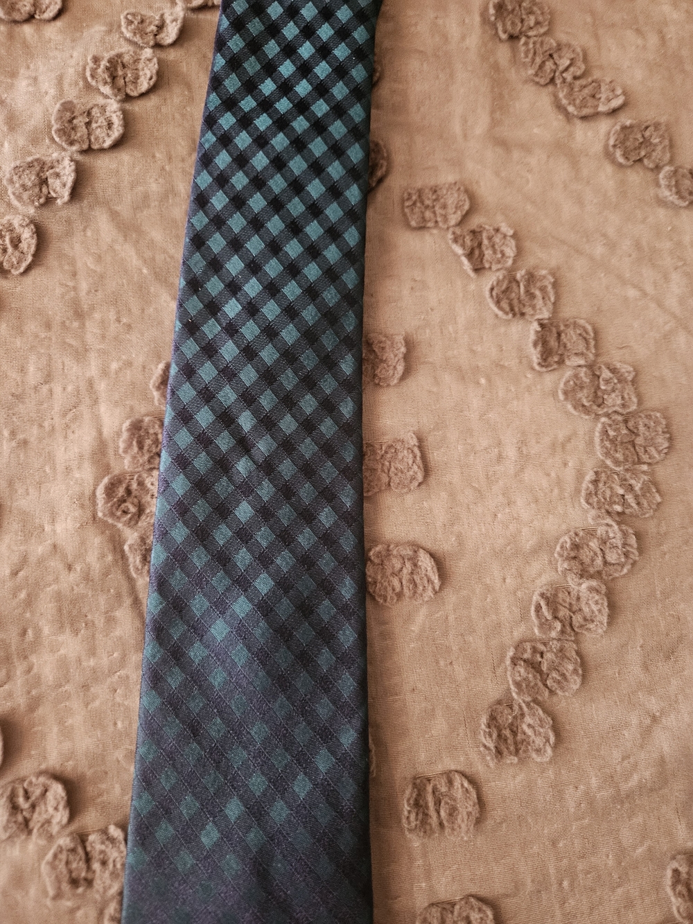 Express Men's Teal and Black Checked Silk Tie